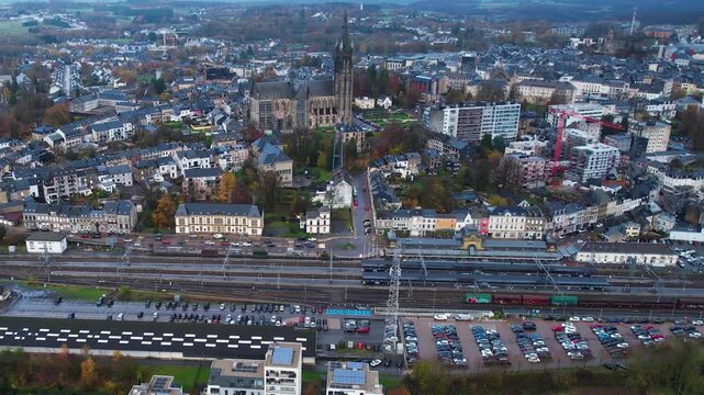 Aerial view of the old town  in the city Arlon in Belgium, on a cloudy autumn noon.