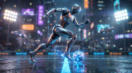 Fototapeta premium Cyberpunk humanoid robot dribbling a glowing soccer ball on a rainy city street at night