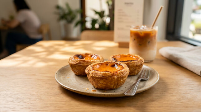 
Freshly baked Thai tea egg tarts served on a plate in coffee shop.