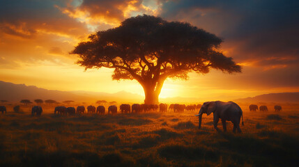 Obraz premium Herd of African elephants walking across a savanna at golden hour sunset beneath a large silhouetted tree