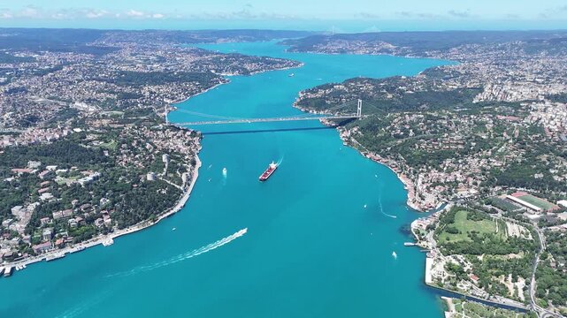 Aerial view of the turquoise Bosphorus and bridges, featuring a unique Istanbul cityscape on a summer day (D-Log unprocessed footage).