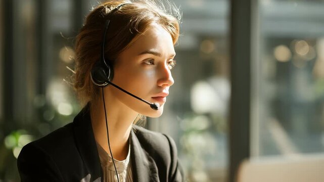 Confident female call center agent listens attentively while assisting clients in a bright, contemporary workspace. She demonstrates dedication and expertise in customer service roles