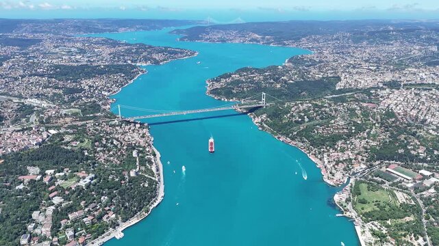 Aerial view of the turquoise Bosphorus and bridges, featuring a unique Istanbul cityscape on a summer day (D-Log unprocessed footage).