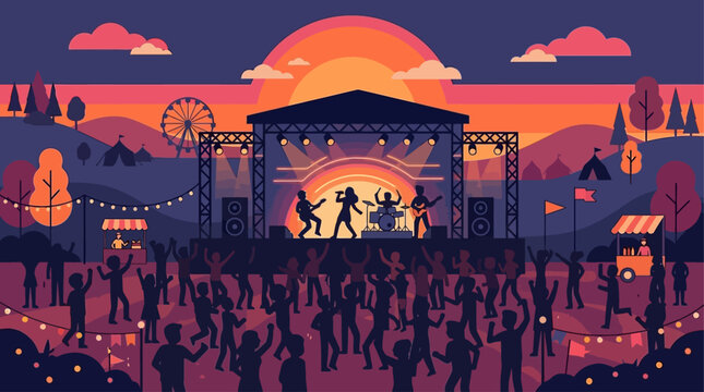 A lively flat design illustration capturing the essence of an outdoor summer music festival with a performing band and an enthusiastic crowd dancing under a colorful sky. 