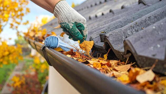 Hand in glove clearing autumn leaves from roof guttering, close-up