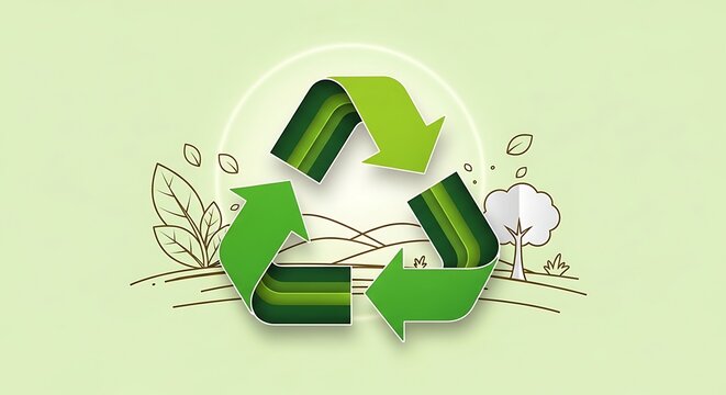 Recycle symbol with nature elements and landscape background
