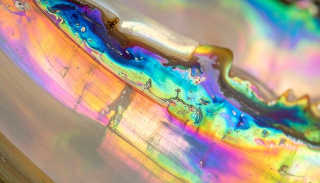 Iridescent shell interior showing brilliant hues, texture, and organic lines