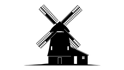 Silhouette of a Traditional Windmill: A stark black silhouette of a classic windmill stands against a neutral background, showcasing its iconic design and historical significance. © mojahedh