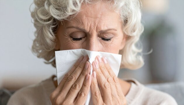Older woman with closed eyes blowing her nose with a tissue. Close up portrait