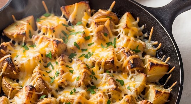 Roasted potato dish with melted cheese and herbs close up