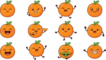 Fototapeta premium Cute Kawaii Orange Fruit Vector Character Set Featuring Happy Cartoon Citrus Food Mascot Designs for Kids