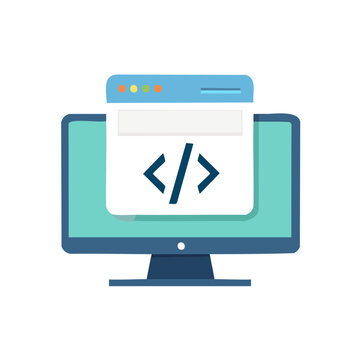 Flat vector illustration of computer monitor with code symbol