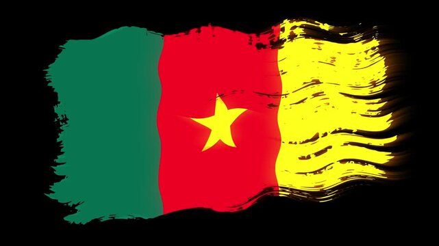 Waving torn Cameroon flag grunge brush burn light leaks, transparent background alpha channel loop full HD