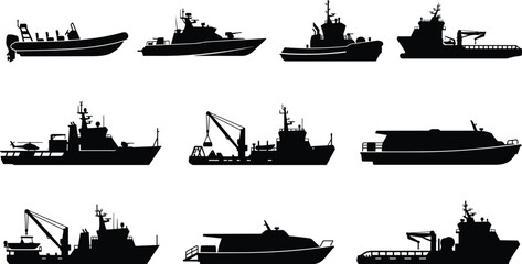 Fototapeta premium Commercial and Utility Workboat Silhouette Collection with Maritime Vessel Vector Set