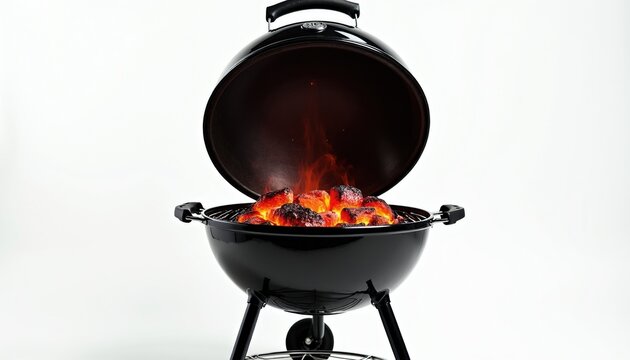 Black charcoal grill with glowing hot embers. Kettle barbecue cooking device with open lid on white studio background. Ready for outdoor food preparation.