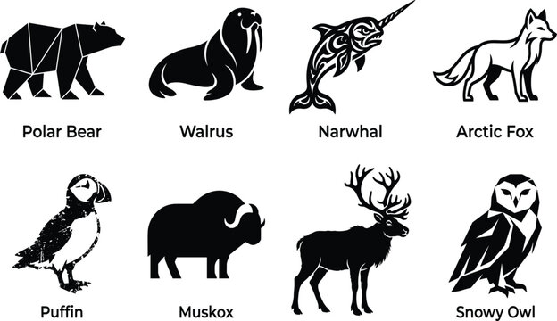 Collection of arctic animal silhouettes featuring geometric polar bear walrus tribal narwhal arctic fox textured puffin muskox caribou reindeer and low poly snowy owl