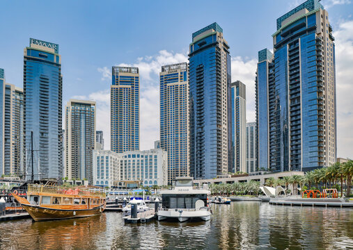UAE, DUBAI, MAY 5, 2026: Dubai Creek Harbour, a waterfront development with modern skyscrapers and palm trees, developed by Emaar Properties.