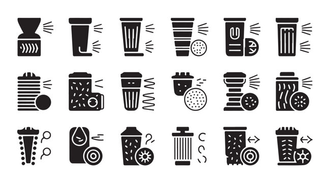 Comprehensive set of water and air filter black vector icons for various applications.
