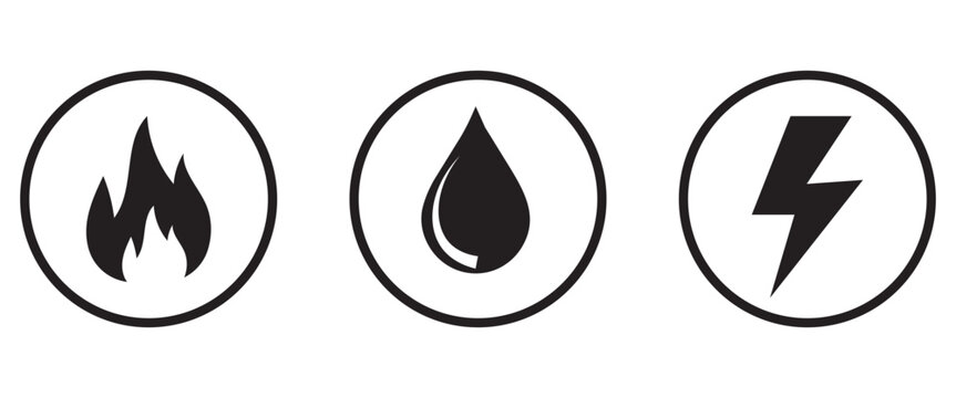 Utilities and home energy icon set. Black outline circular symbols for electricity, gas heating, and water supply concepts for billing and home maintenance services isolated.