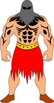 Illustration of a muscular warrior character wearing a hood and red kilt