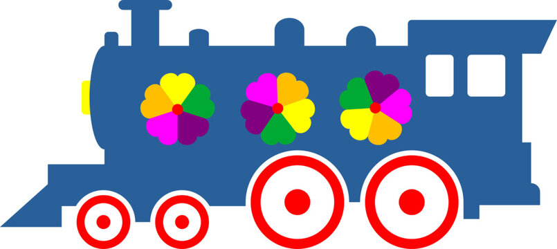 Colorful flower pattern on a blue toy train illustration