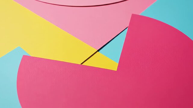 Abstract geometric composition of yellow, pink, and blue paper.