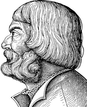 Engraving of a medieval man with a beard and long hair in profile view
