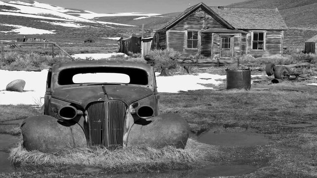 Black and white old movie style. The abandoned  old Ghost town of  Bodie n the State Park, California, USA