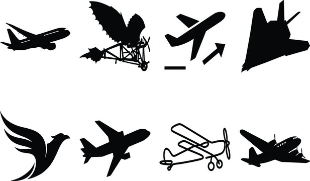 Collection of aviation and airplane silhouettes featuring passenger jets vintage aircraft stealth bomber bird wings and line art propeller plane