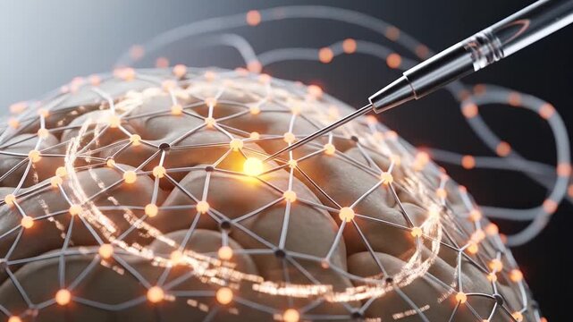 Futuristic medical probe activating glowing neural network node on human brain model.
