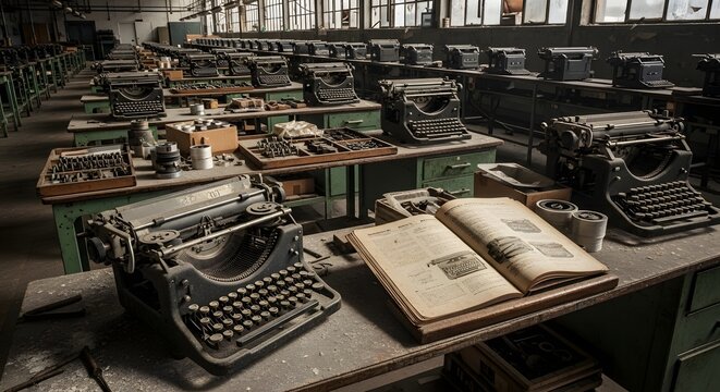 Typewriters sit in rows on dusty tables inside an abandoned office building from a bygone era.
