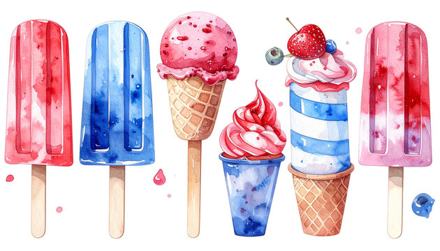 Watercolor Red White Blue Ice Cream Clipart Set for Summer Holiday