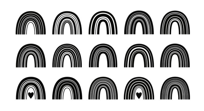 Diverse collection of minimalist black and white rainbow icons, featuring various abstract patterns and modern artistic styles, perfect for graphic design elements and creative projects
