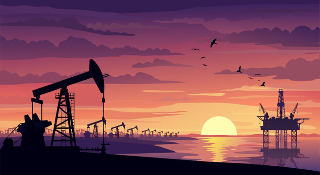 Oil drilling rig and pumpjack silhouettes at sunset, industrial vector illustration background