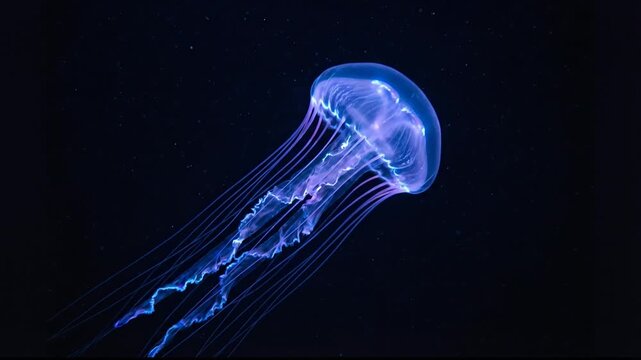 Glowing blue jellyfish gracefully swims in dark deep ocean water.