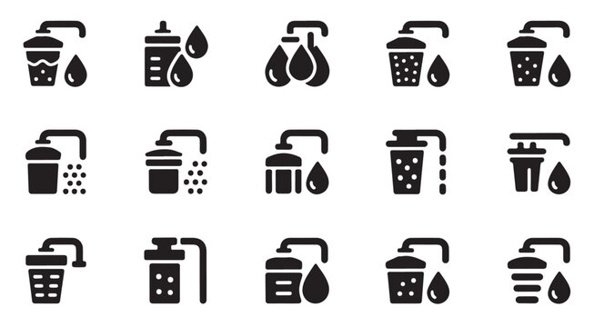 Water filtration system icons set including filter jugs and drops for drinking purification.