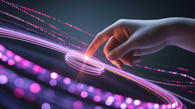 Human hand touching a glowing digital interface, symbolizing future data flow and technological connection