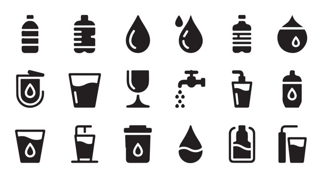 Hydration and water supply icons featuring bottles glasses taps and drops for daily health.