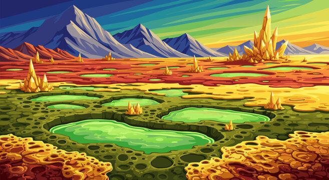 Alien planet landscape with toxic green acid pools and glowing crystals under mountains, sci-fi environment vector illustration
