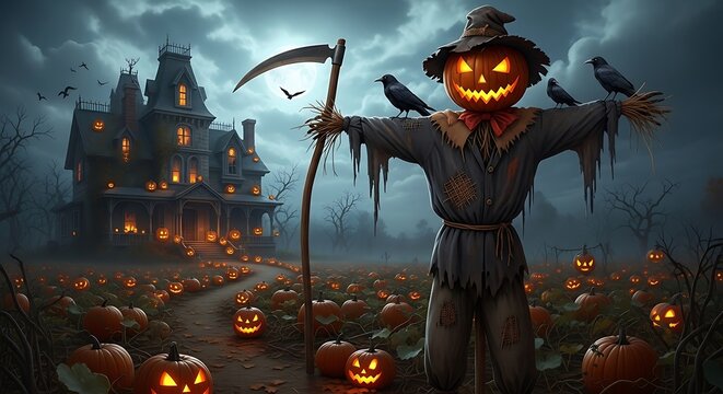 Scary scarecrow with pumpkin head and haunted house at night