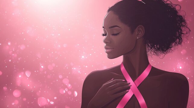 Woman with a pink ribbon for breast cancer awareness and support. Health campaign and medical care concept. Background for banner.