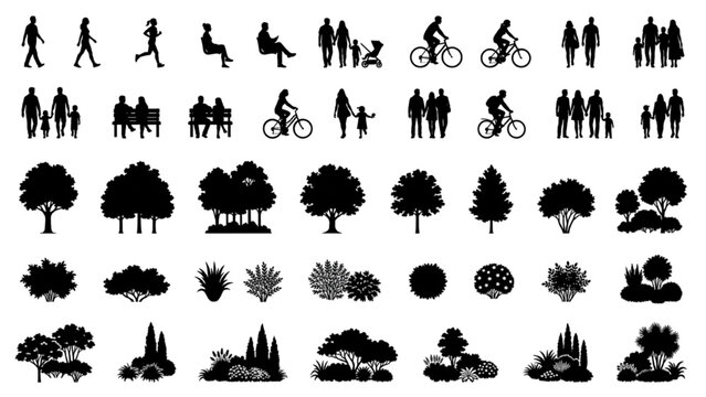 Landscape Architecture Shrub and Tree Vector Pack with Elevation Scale People Silhouettes