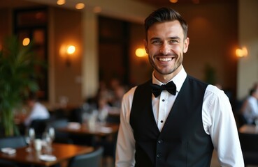 Fototapeta premium Smiling waiter in black vest and bow tie stands in upscale restaurant. Man offers professional service with warm ambient lighting. He is ready to assist guests at dining tables.