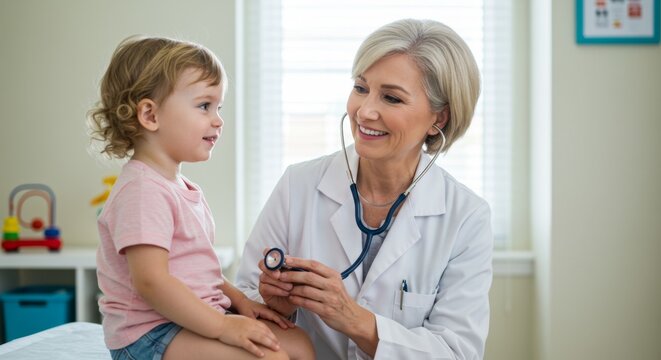Woman pediatrician with stethoscope examining happy little caucasian child in medical office. Health care for kid.