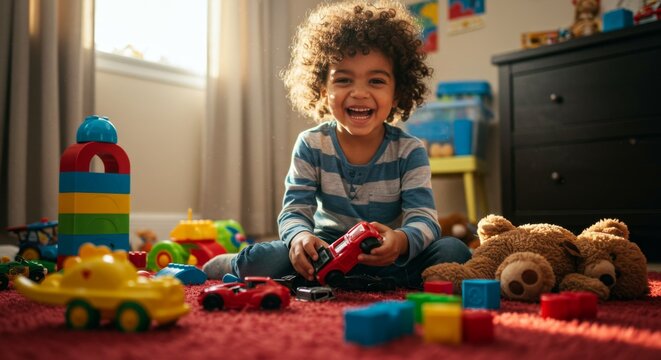A young child with curly hair is laughing while sitting on the floor surrounded by colorful toys. Happy kid playing.