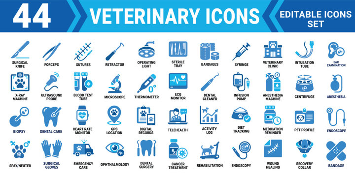 Set of 44 veterinary icons for pet clinic medical care and animal treatment procedures in blue and grey flat style Vector