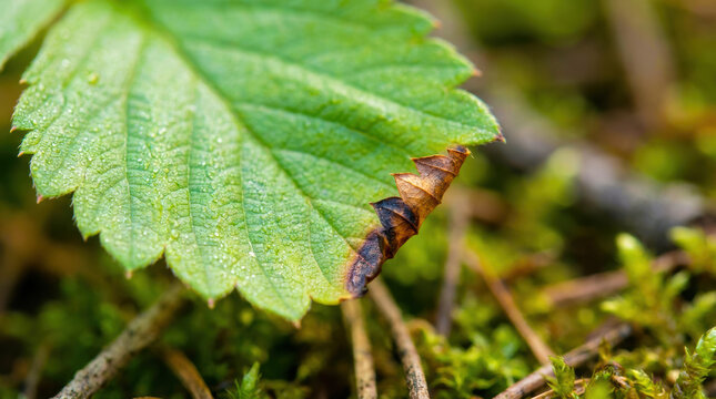 Green leaf with burn mark on edge showing natural damage and texture in close up nature scene