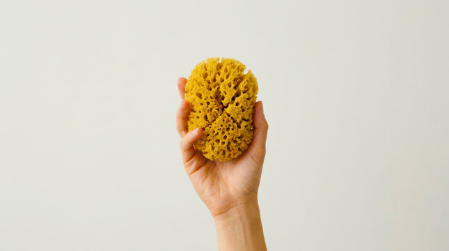 Natural dry sponge held by hand with soft texture and porous surface, perfect for gentle cleaning or bathing use