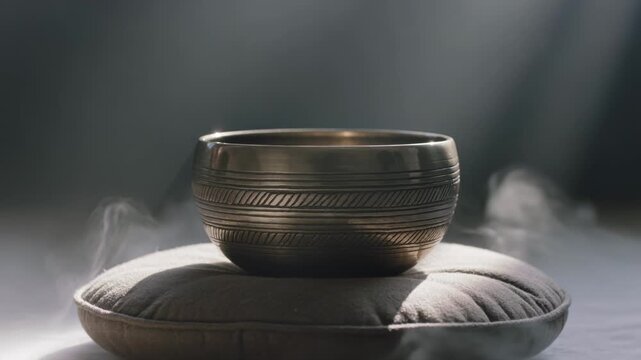 Glinting ornate metal bowl catching light for meditation, thin smoke starting to rise from cushion