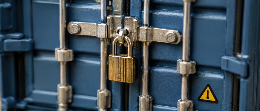 Locked metal padlock securing blue shipping container door with metal bars and warning sign, symbolizing safety and protection